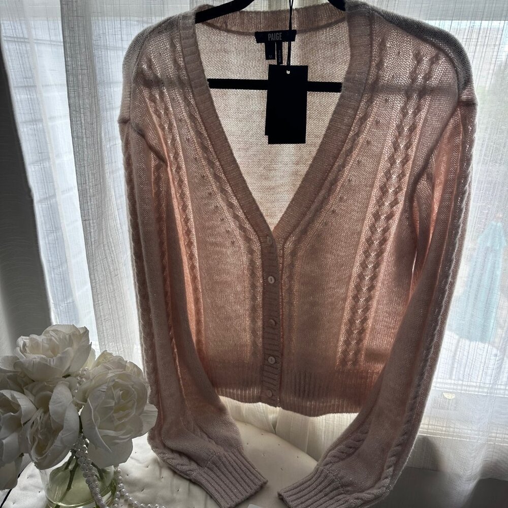 PAIGE Sofie Cable Knit Cardigan Soft Pink Sweater SIZE M